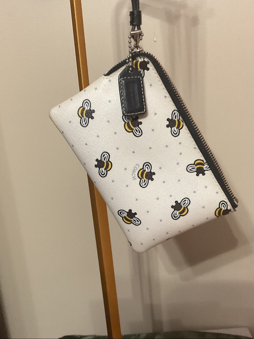 Coach White Bee Print Leather Wristlet with Yellow & Black Accents